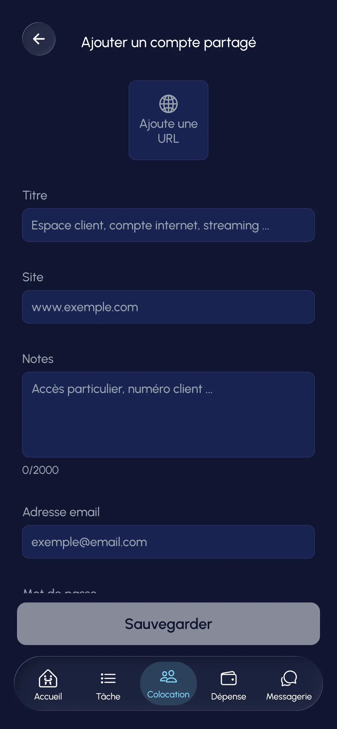 Onglet comptes partagés